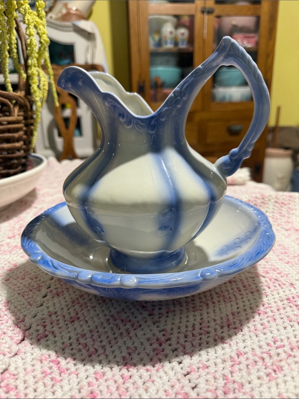 Vintage wash basin and pitcher blue and white farmhouse Cottagecore